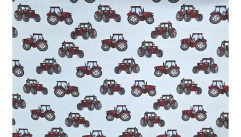 10cm Baumwolldruck "rote Traktoren auf Hellblau" (Grundpreis € 12,00/m)